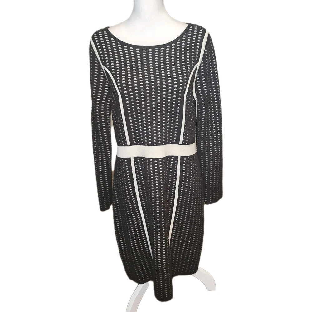 Calvin Klein Knit Sweater‎ Dress Womens Large Black White Bodycon Stretch Career